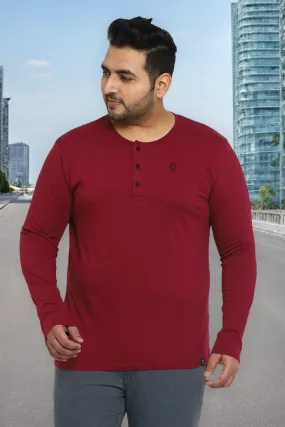 Plus Men's Maroon Solid Henley Neck Regular Fit Full Sleeve Cotton T-Shirt