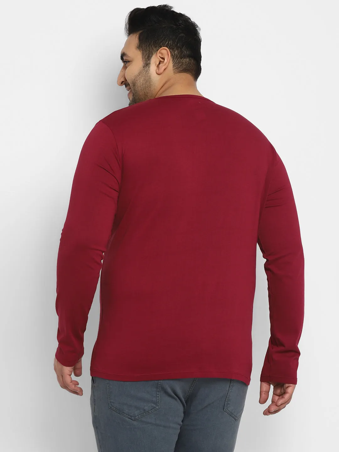 Plus Men's Maroon Solid Henley Neck Regular Fit Full Sleeve Cotton T-Shirt