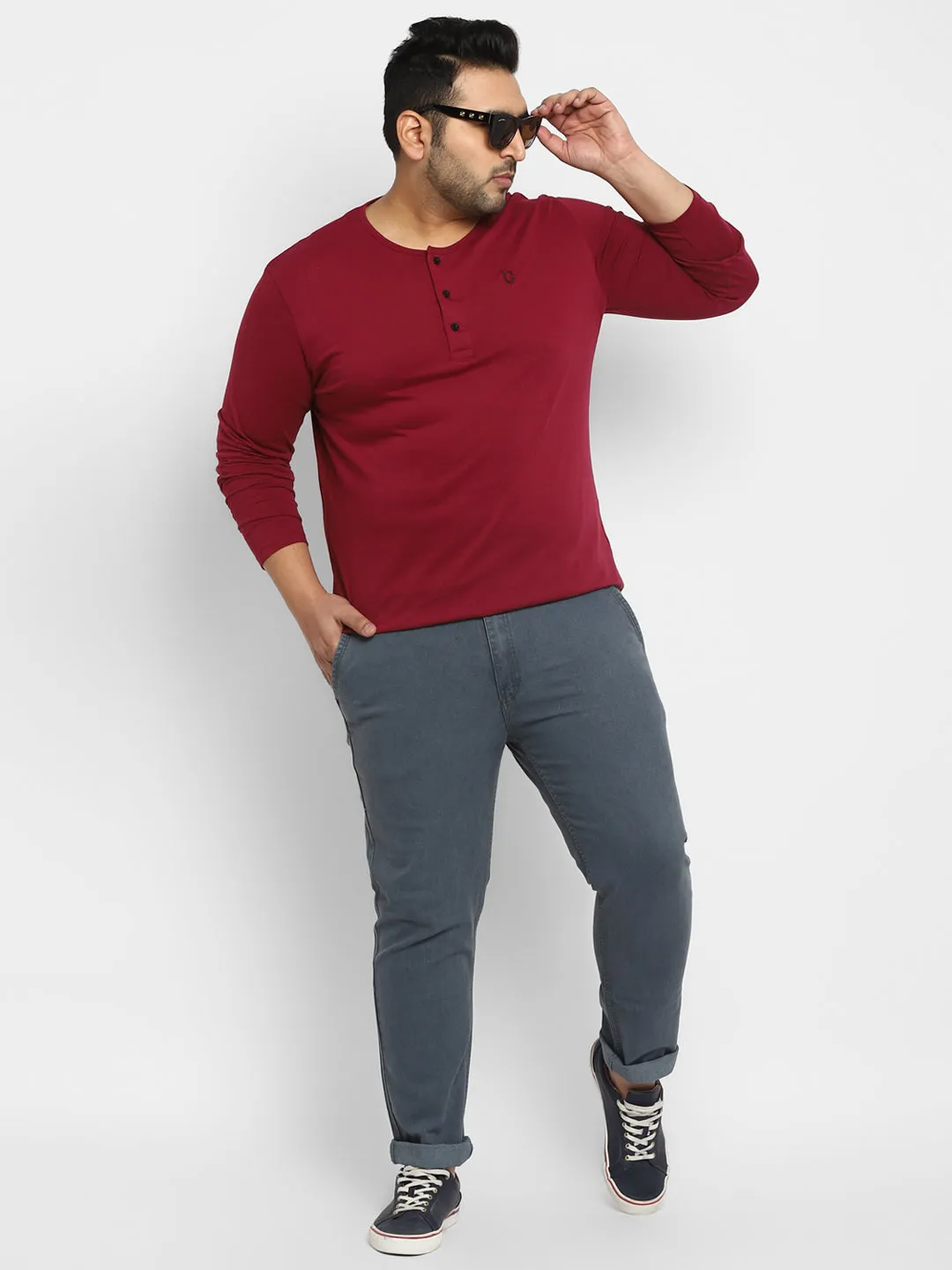 Plus Men's Maroon Solid Henley Neck Regular Fit Full Sleeve Cotton T-Shirt