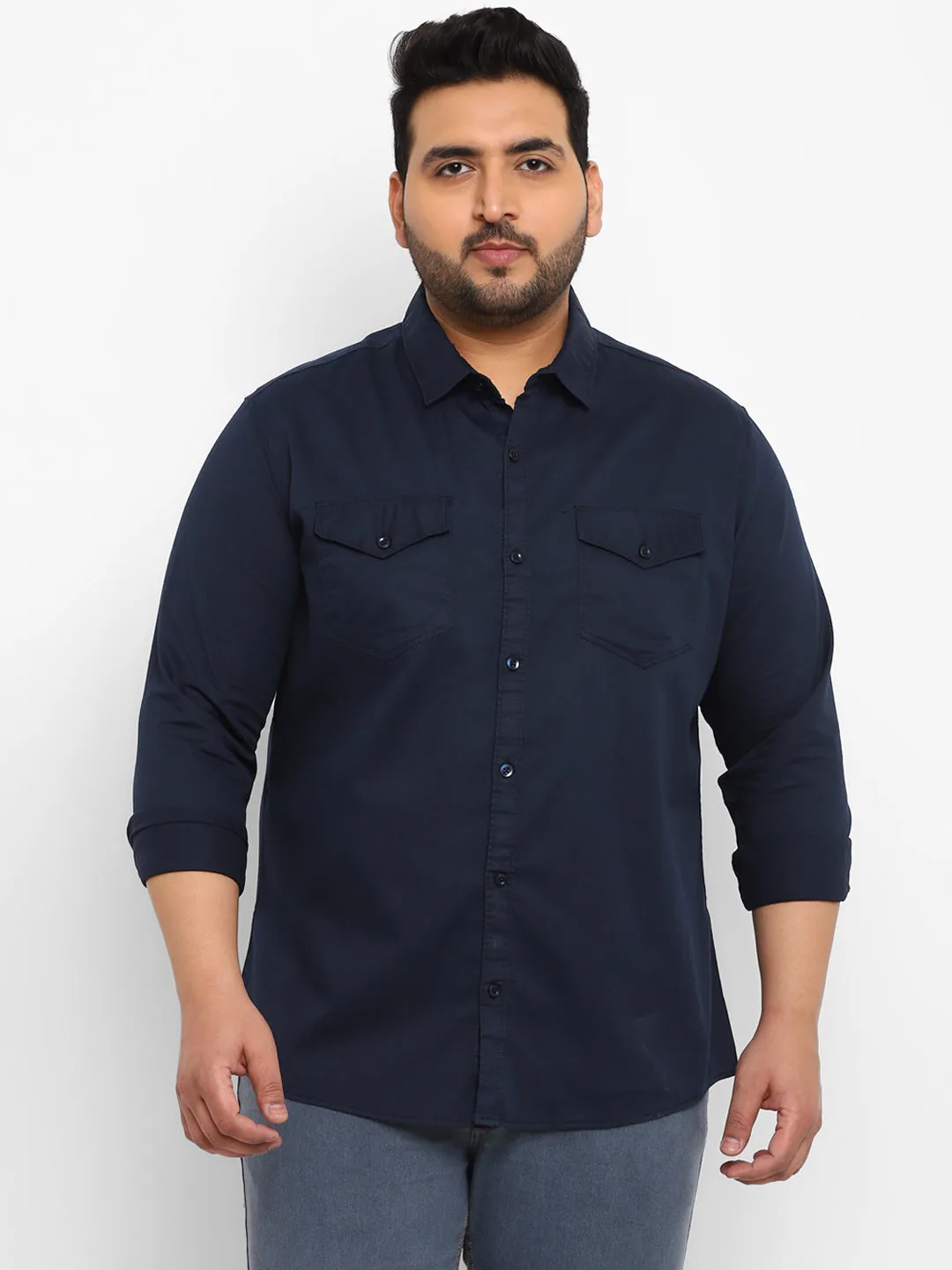 Plus Men's Navy Blue Cotton Full Sleeve Regular Fit Casual Solid Shirt