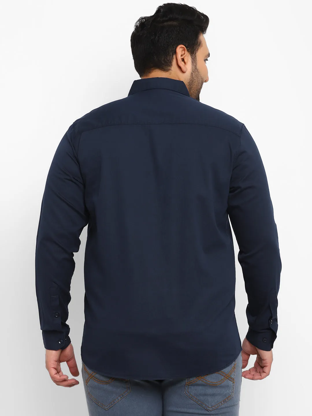 Plus Men's Navy Blue Cotton Full Sleeve Regular Fit Casual Solid Shirt