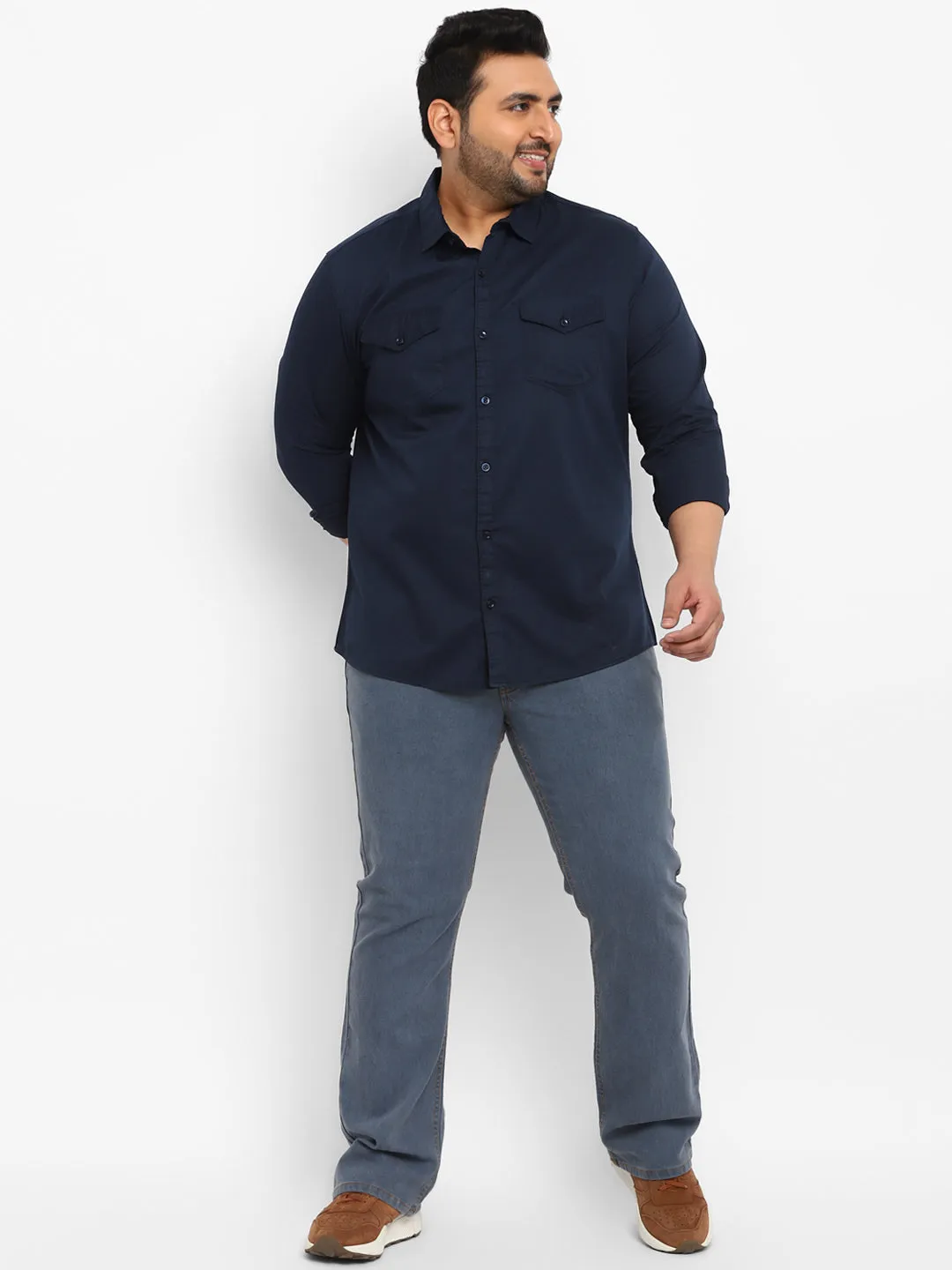 Plus Men's Navy Blue Cotton Full Sleeve Regular Fit Casual Solid Shirt