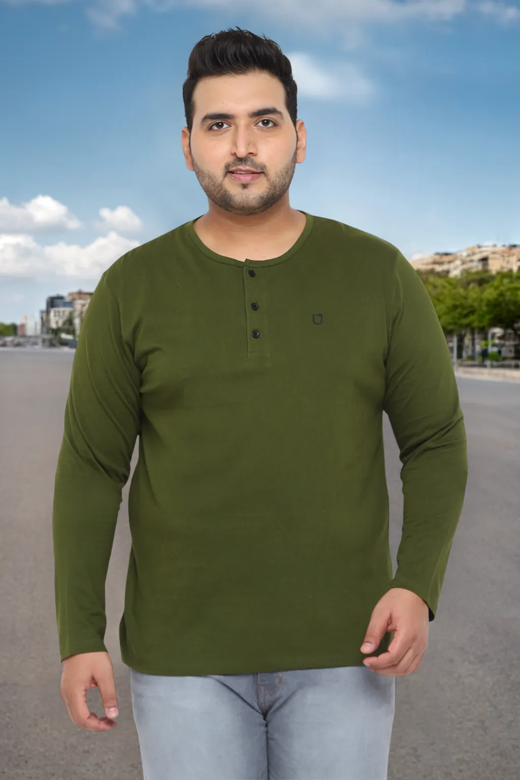 Plus Men's Olive Green Solid Henley Neck Regular Fit Full Sleeve Cotton T-Shirt