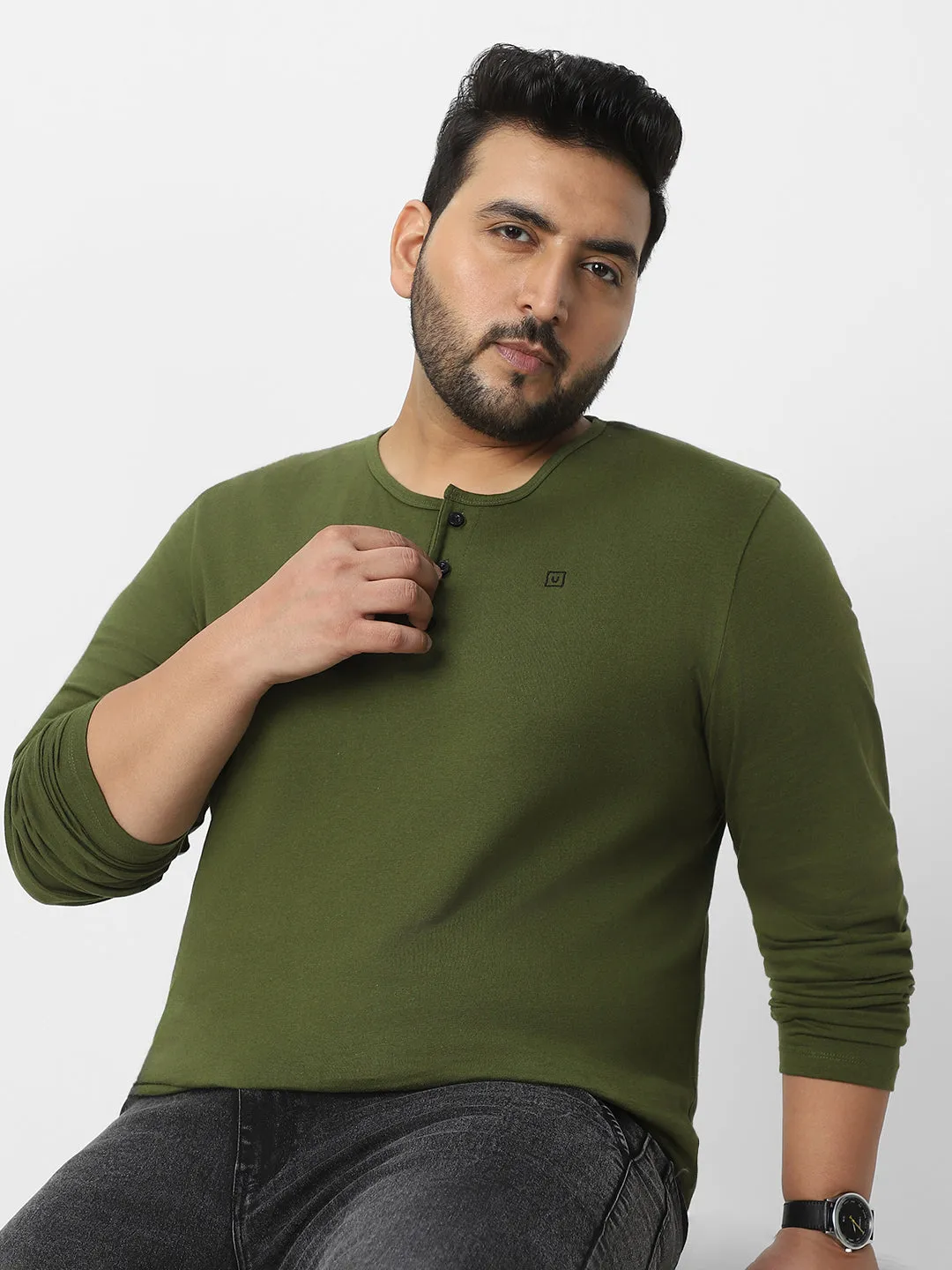 Plus Men's Olive Green Solid Henley Neck Regular Fit Full Sleeve Cotton T-Shirt