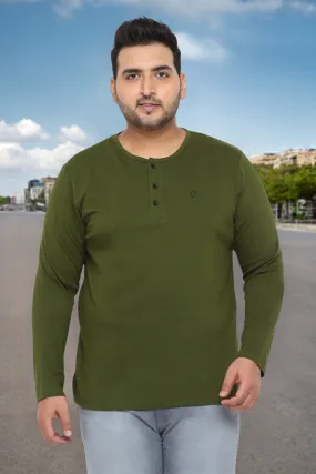 Plus Men's Olive Green Solid Henley Neck Regular Fit Full Sleeve Cotton T-Shirt