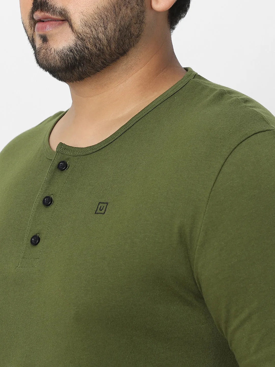 Plus Men's Olive Green Solid Henley Neck Regular Fit Full Sleeve Cotton T-Shirt