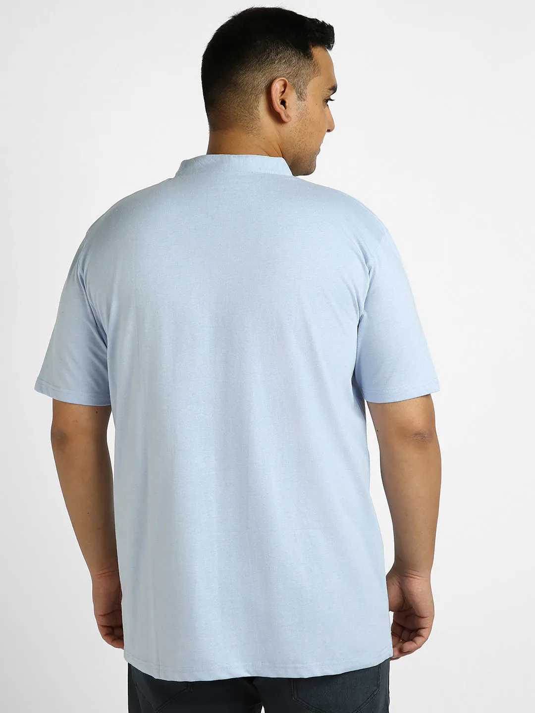 Plus Men's Sky Blue Melange Solid Mandarin Collar Regular Fit Half Sleeve Cotton T-Shirt