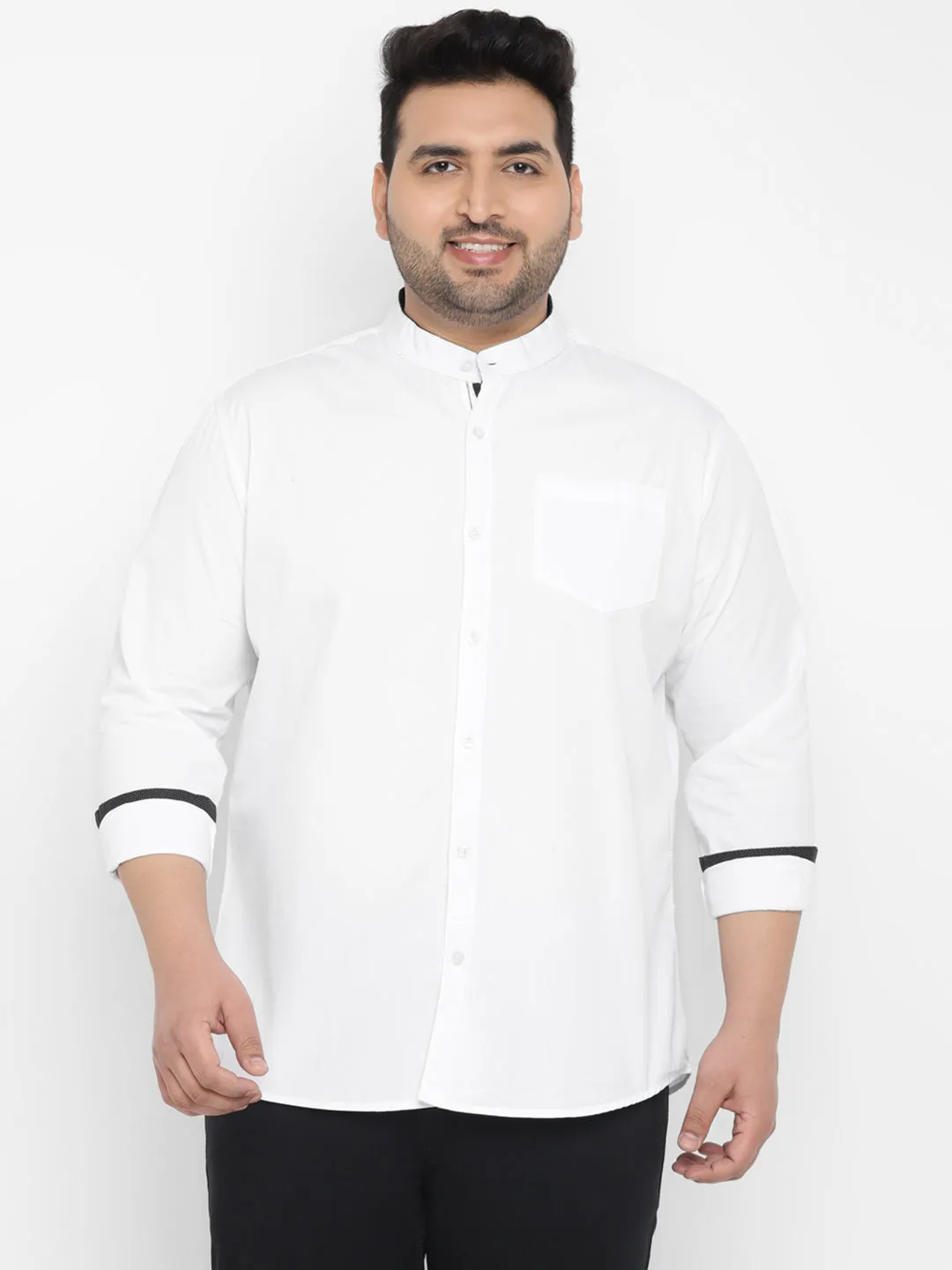 Plus Men's White Cotton Full Sleeve Regular Fit Casual Solid Shirt with Mandarin Collar