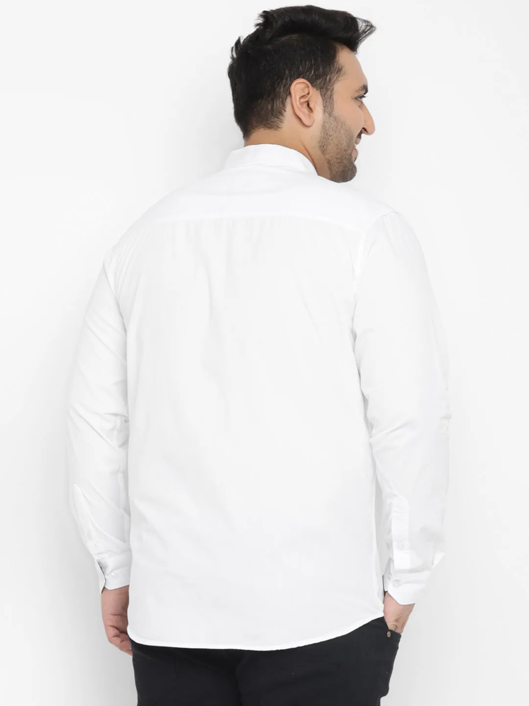 Plus Men's White Cotton Full Sleeve Regular Fit Casual Solid Shirt with Mandarin Collar