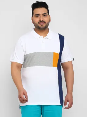 Plus Men's White, Grey Melange, Dark Blue Colour-Block Regular Fit Half Sleeve Cotton Polo T-Shirt