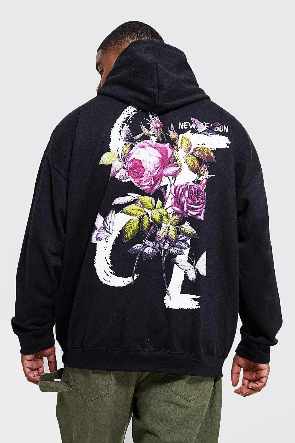 Plus Ofcl Floral Back Print Hoodie | boohooMAN UK