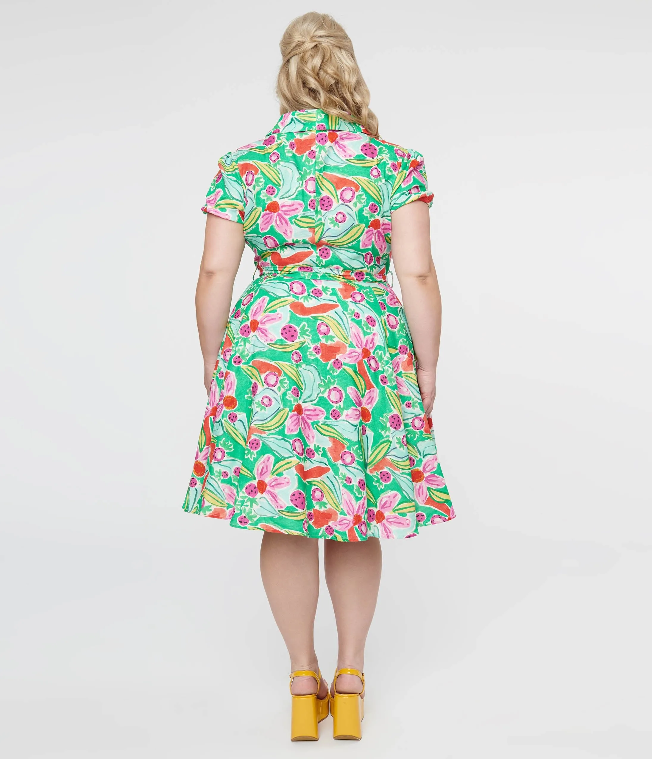 Plus Size 1950s Green & Pink Berry Bloom Print Monroe Fit & Flare Dress