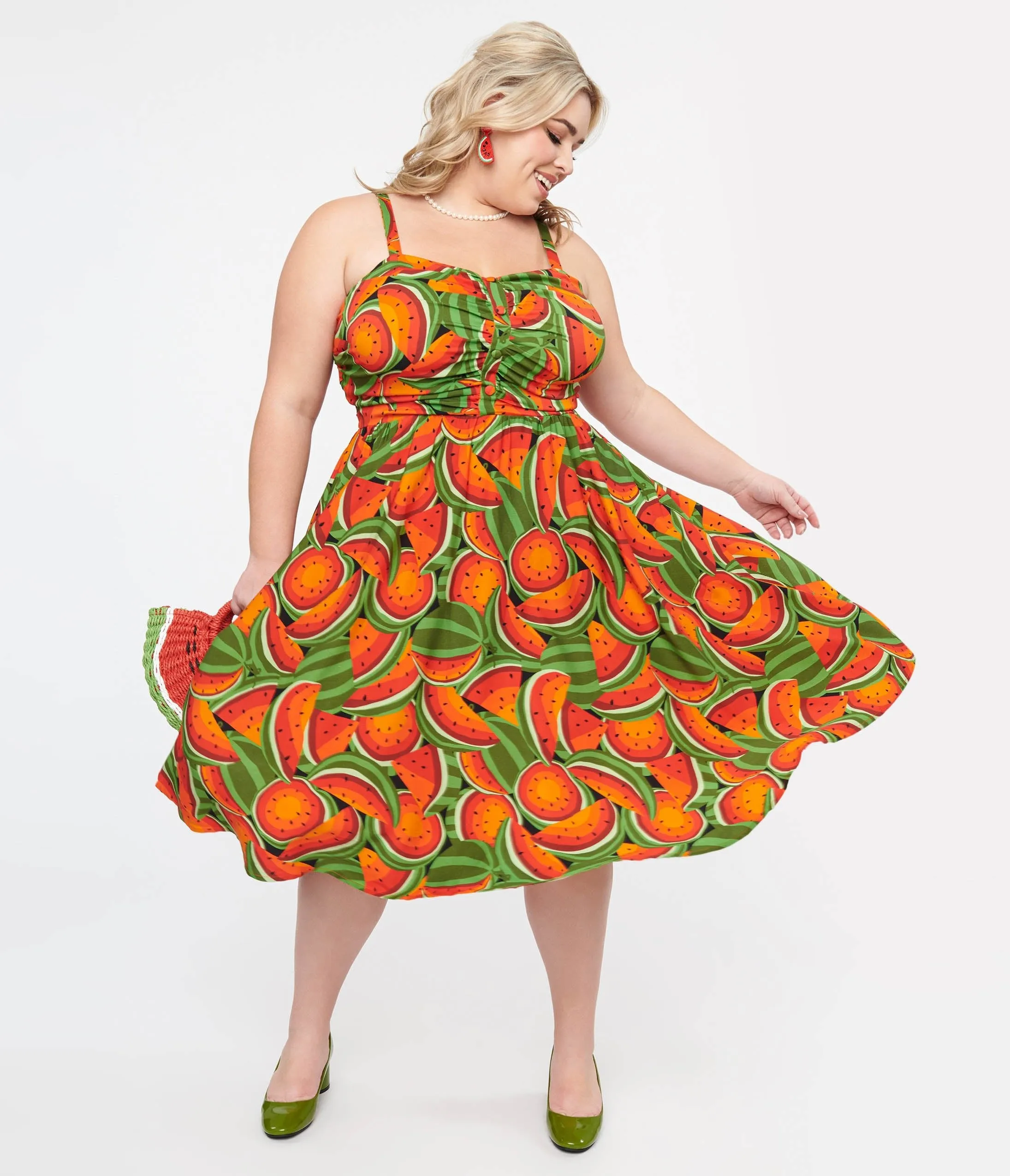 Plus Size 1950s Red & Green Watermelon Print Eden Fit & Flare Dress