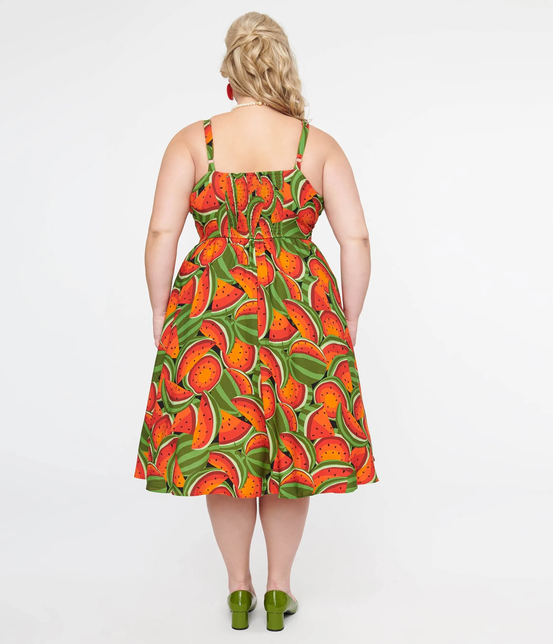 Plus Size 1950s Red & Green Watermelon Print Eden Fit & Flare Dress