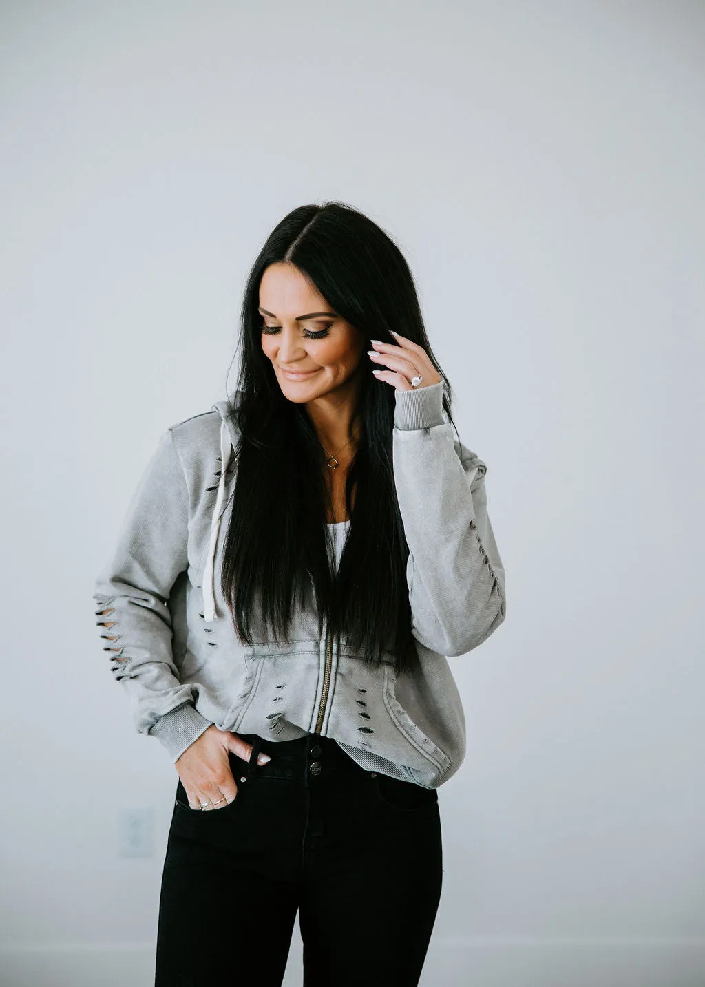 Presley Distressed Zip Jacket by Lily & Lottie