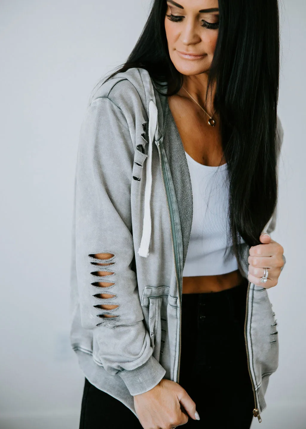 Presley Distressed Zip Jacket by Lily & Lottie