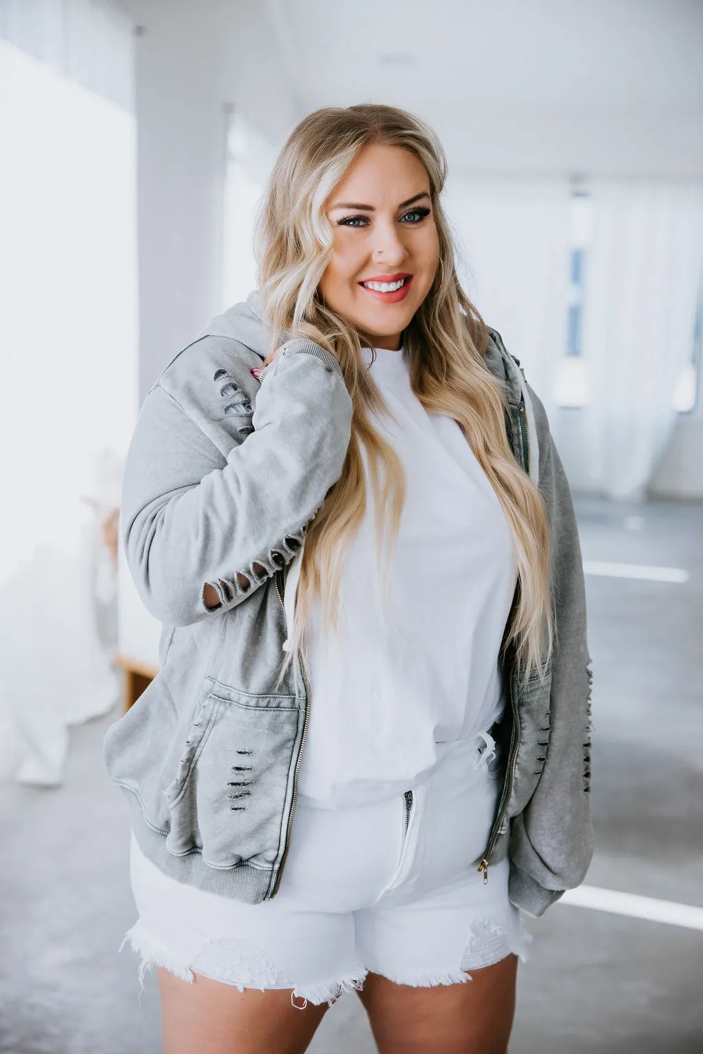 Presley Distressed Zip Jacket by Lily & Lottie