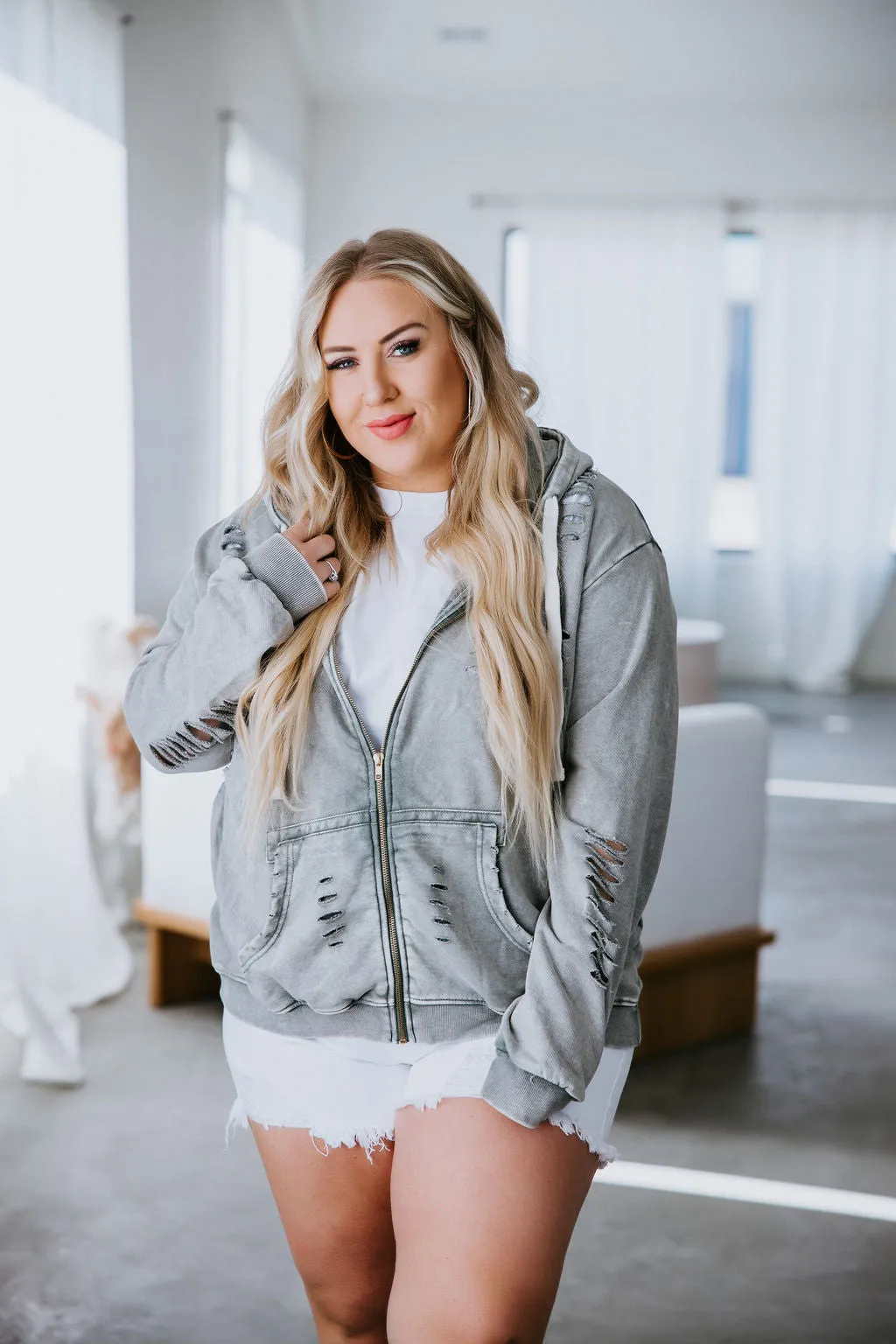 Presley Distressed Zip Jacket by Lily & Lottie