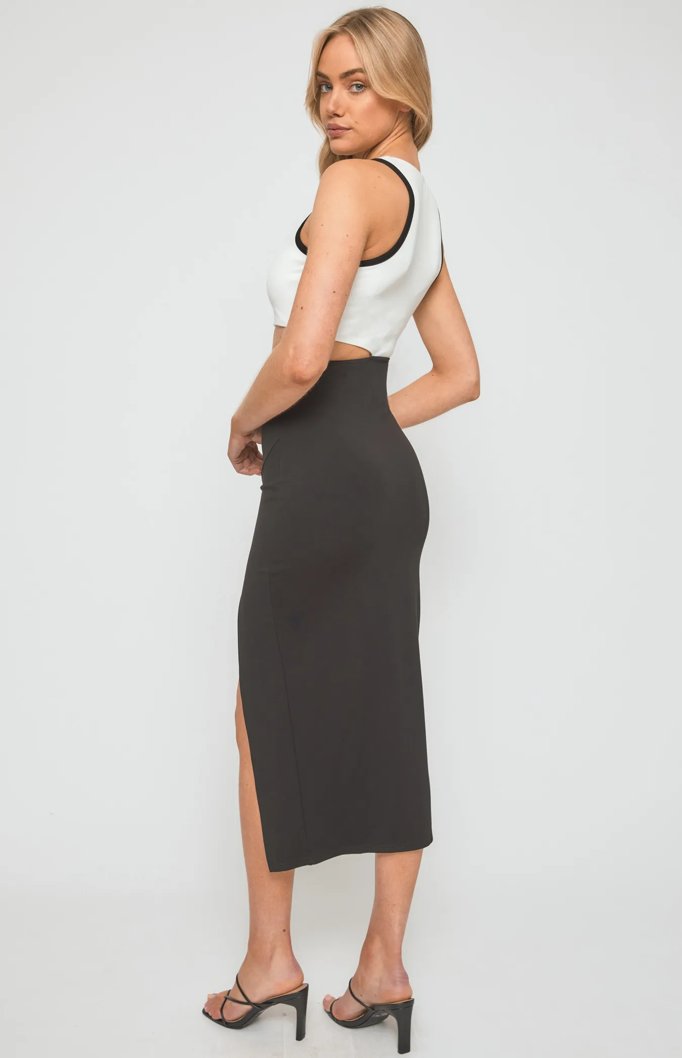 Racer Neckline Contrast Panel Midi Dress with Side Cut Out (SDR1233A)