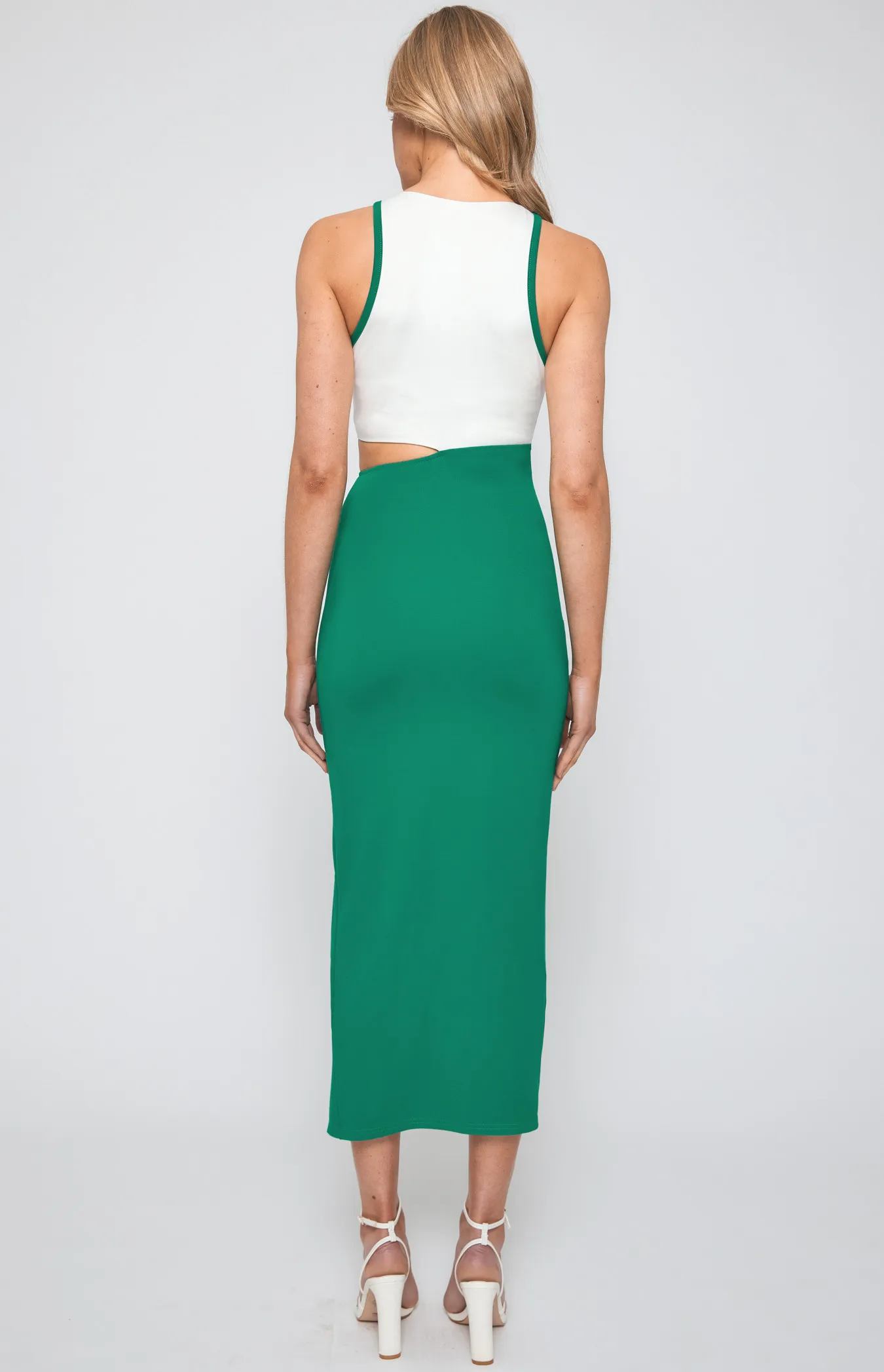 Racer Neckline Contrast Panel Midi Dress with Side Cut Out (SDR1233A)