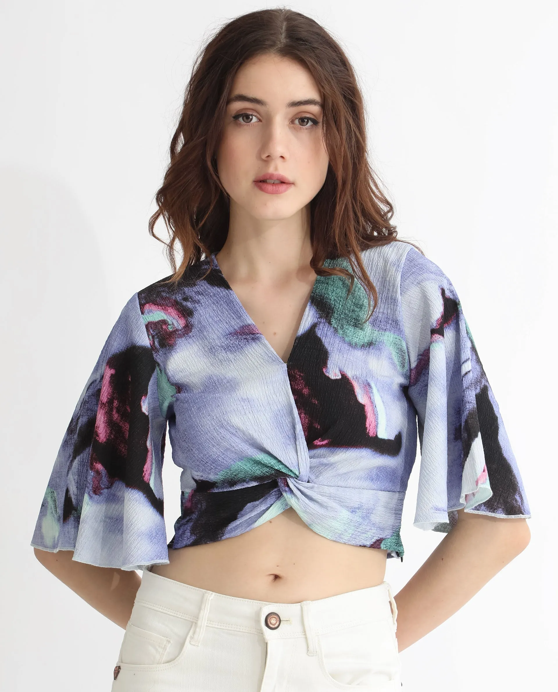 Rareism Women Declan Purple Poly Lycra Fabric Short Sleeves Zip Closure V-Neck Flared Sleeve Regular Fit Abstract Print Cropped 