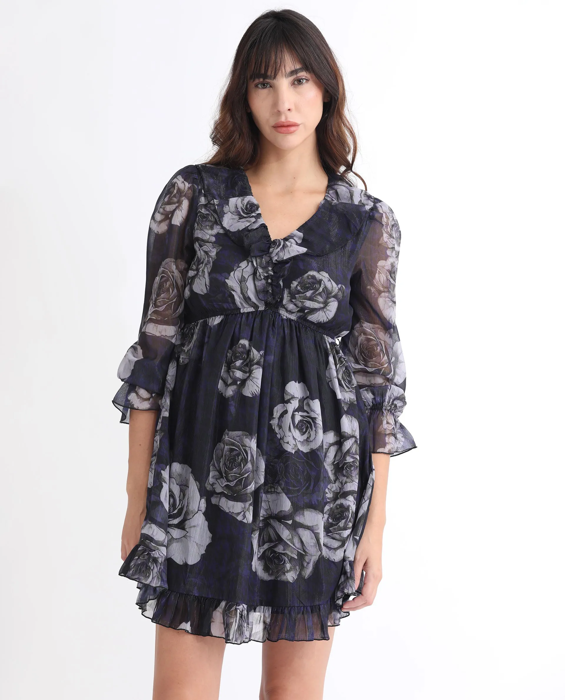 Rareism Women Fente Dark Purple Polyester Fabric 3/4Th Sleeves V-Neck Balloon Sleeve Relaxed Fit Floral Print Short Boxy Dress