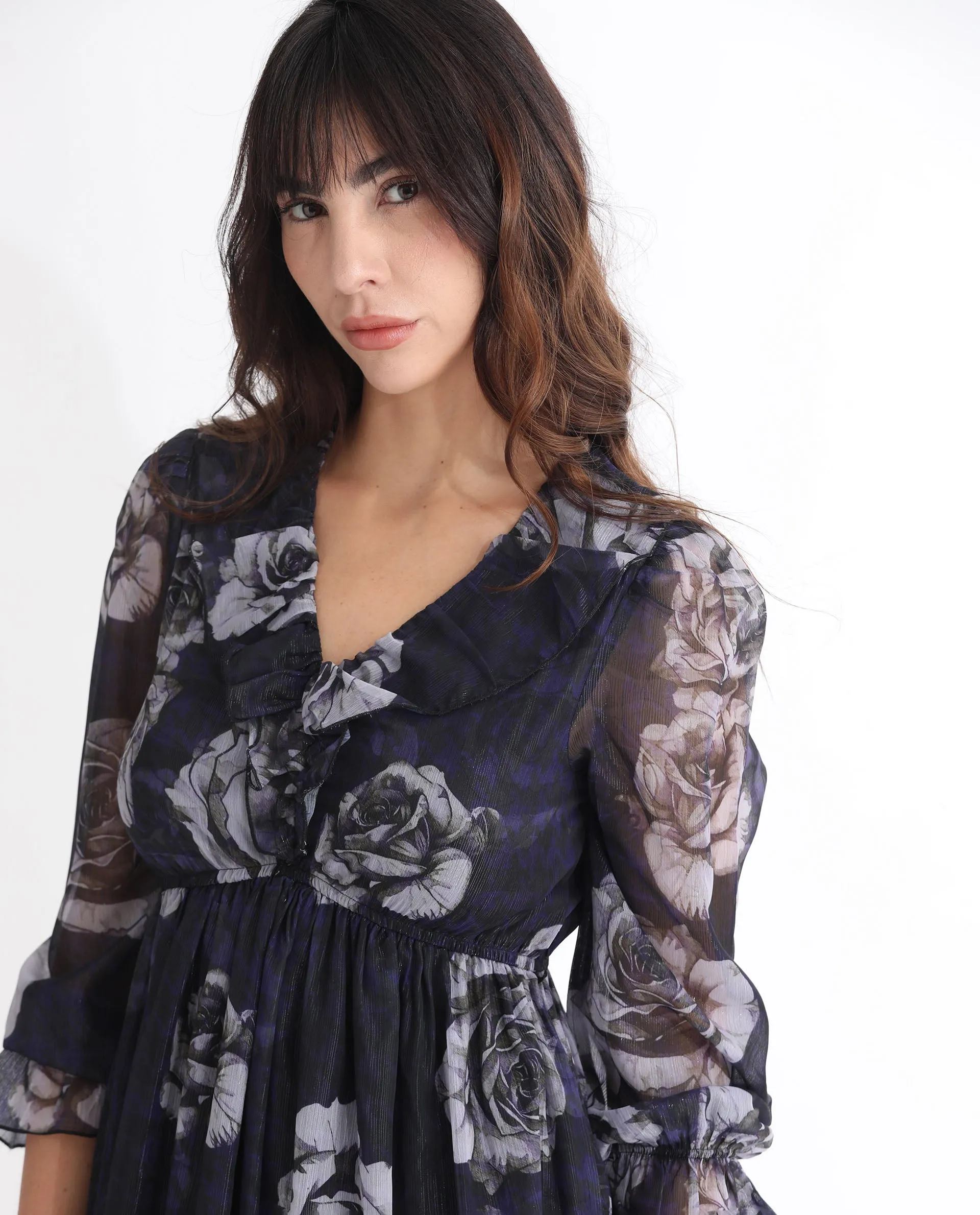 Rareism Women Fente Dark Purple Polyester Fabric 3/4Th Sleeves V-Neck Balloon Sleeve Relaxed Fit Floral Print Short Boxy Dress