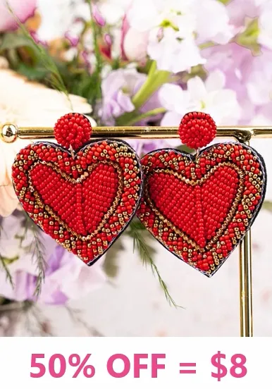 Red beaded Heart earrings with border