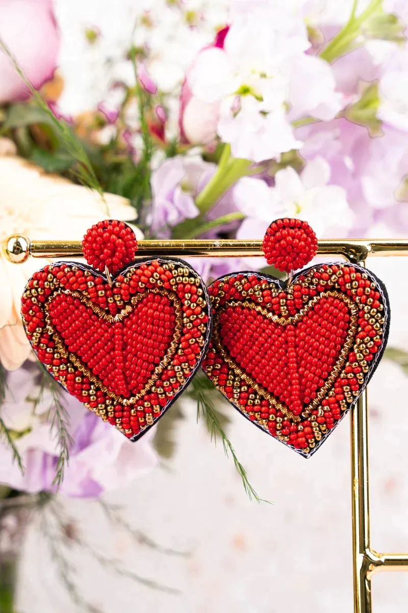 Red beaded Heart earrings with border