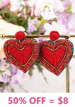 Red beaded Heart earrings with border