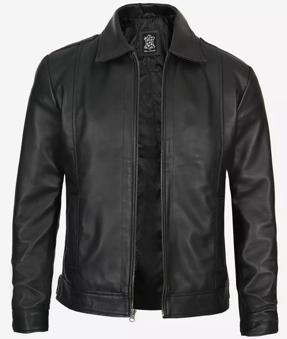 Reeves Mens Shirt Collar Vintage Black Leather Jacket