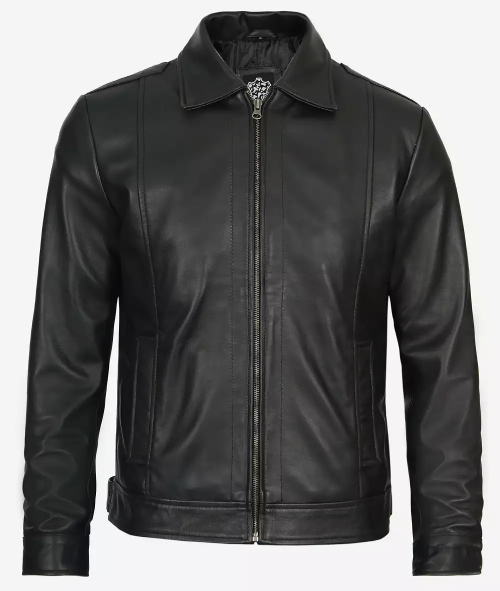 Reeves Mens Shirt Collar Vintage Black Leather Jacket