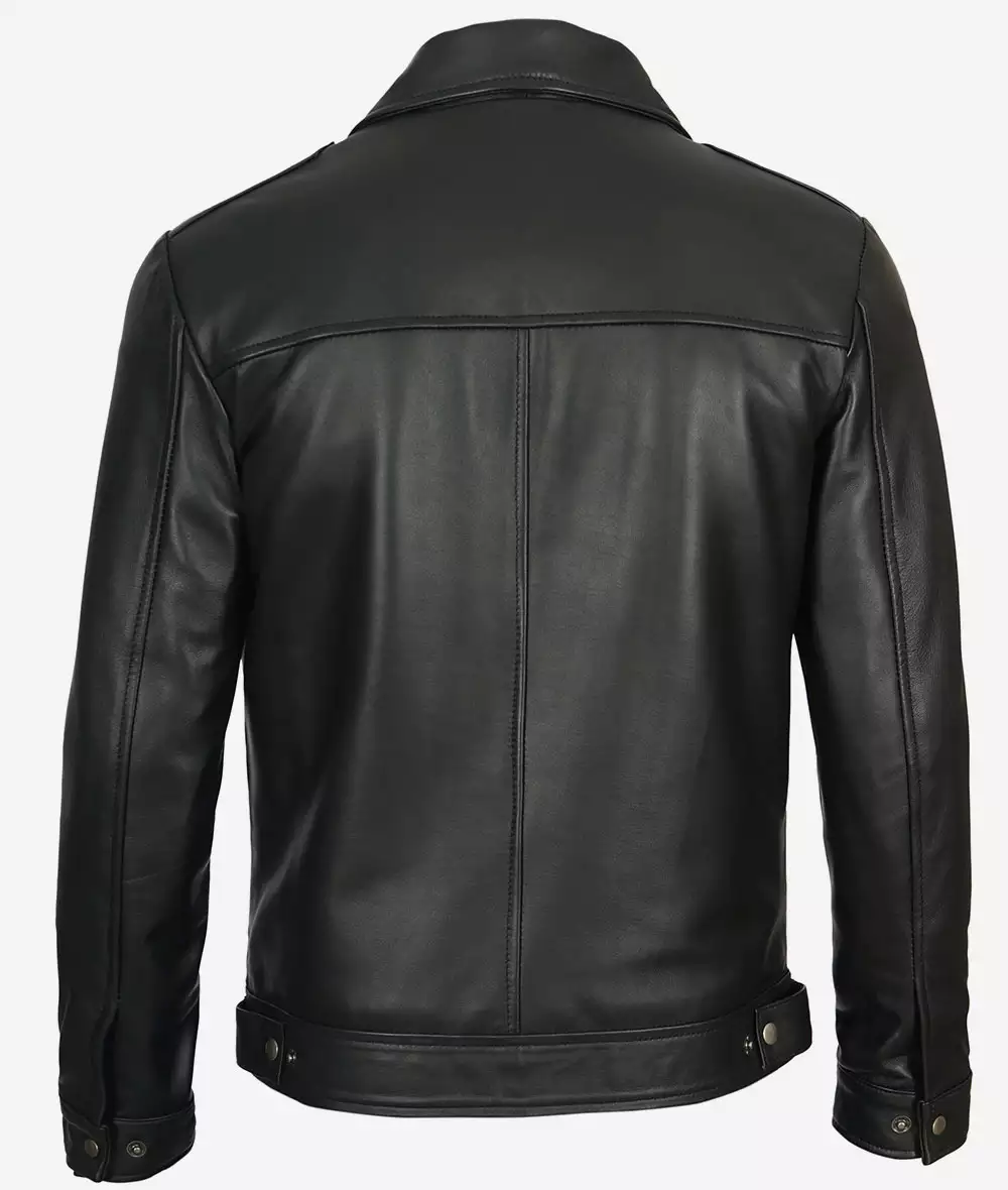 Reeves Mens Shirt Collar Vintage Black Leather Jacket