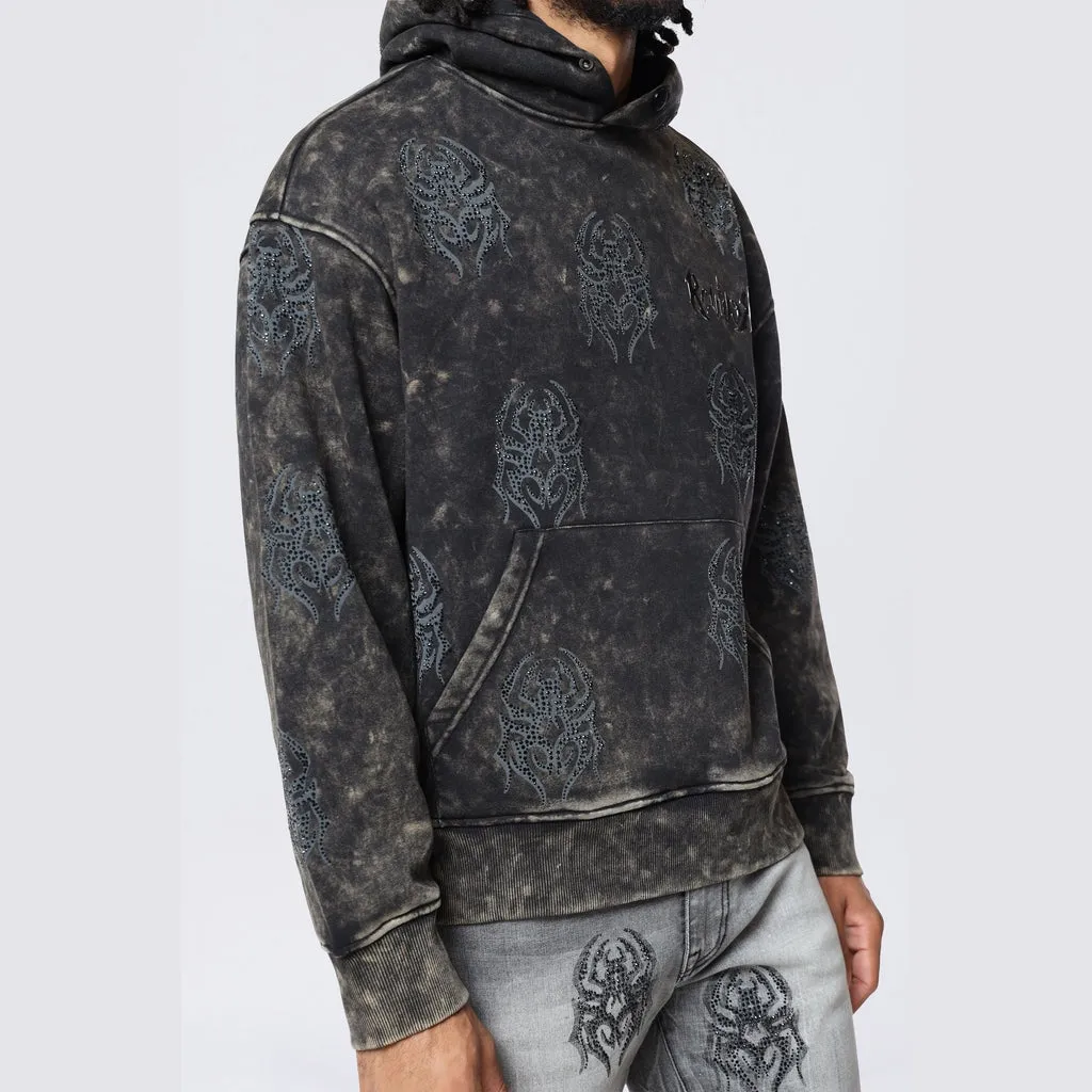 Rhinestone Printed Collar Hoodie - Black