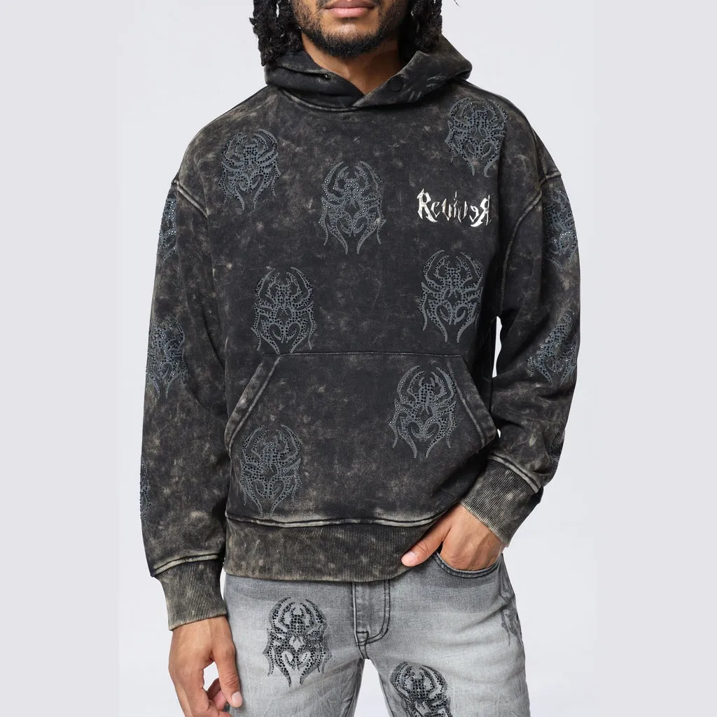 Rhinestone Printed Collar Hoodie - Black