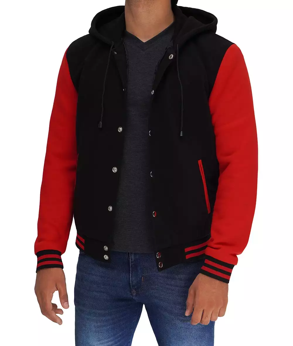 Salerno Men's Black and Red Varsity Jacket with Hood - Highschool Jacket