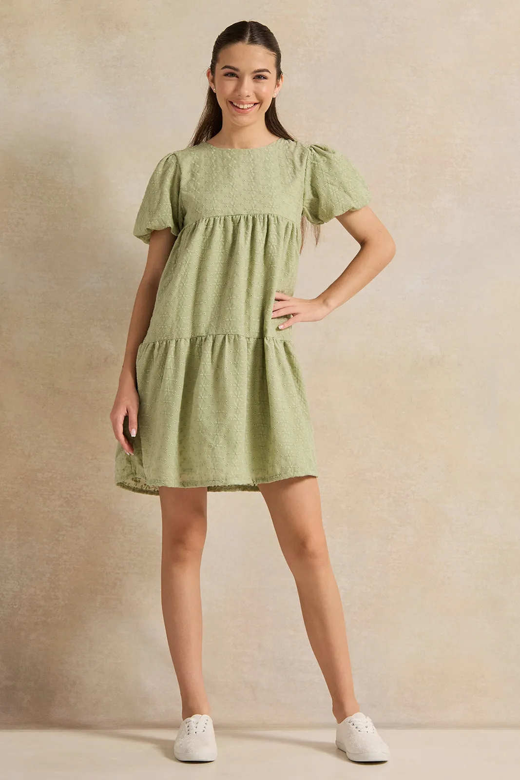 Senior Girls Green Solid Schiffli Dress