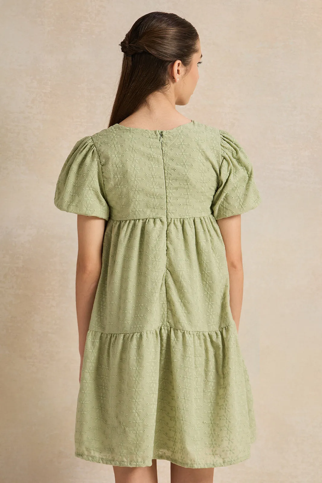 Senior Girls Green Solid Schiffli Dress