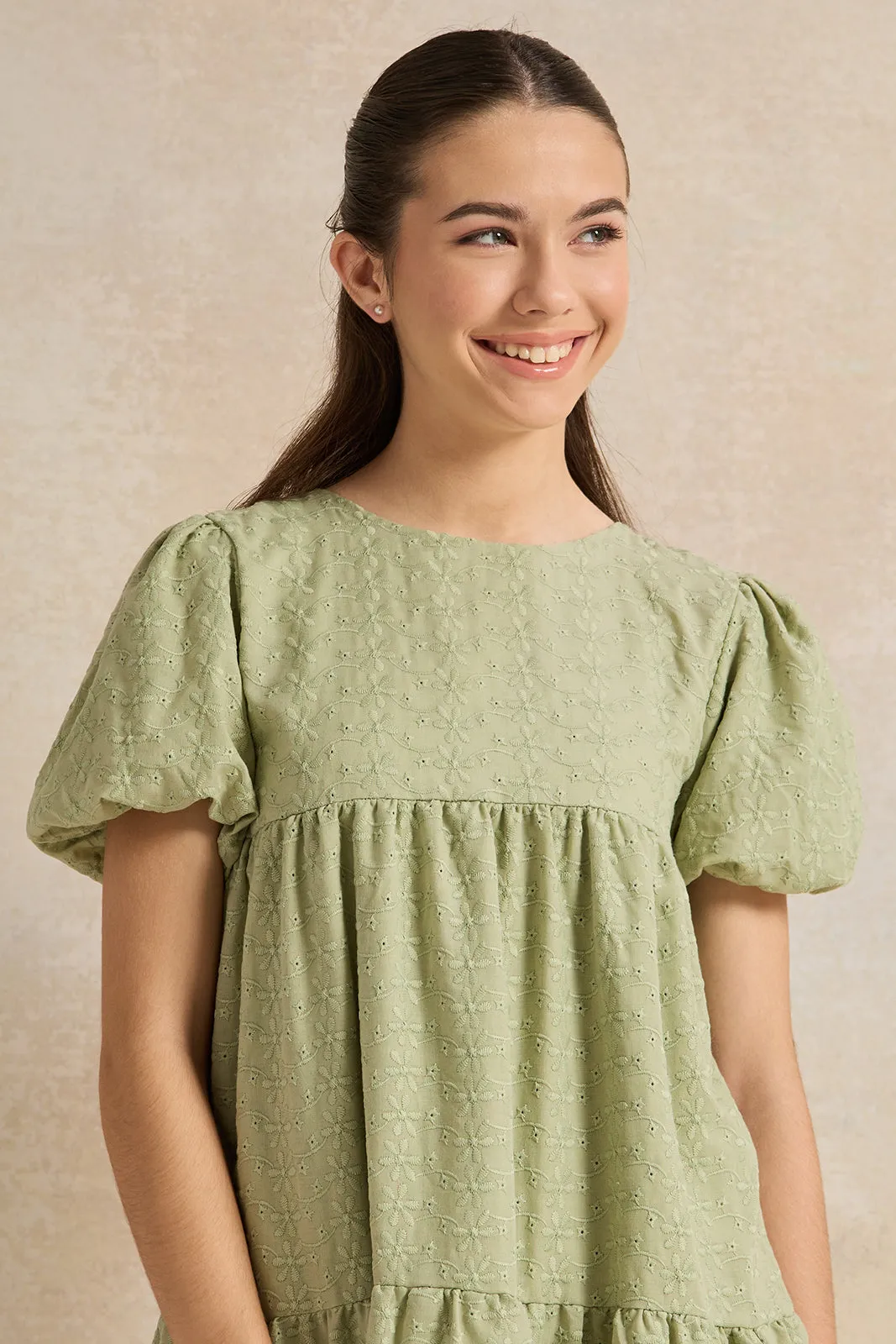 Senior Girls Green Solid Schiffli Dress