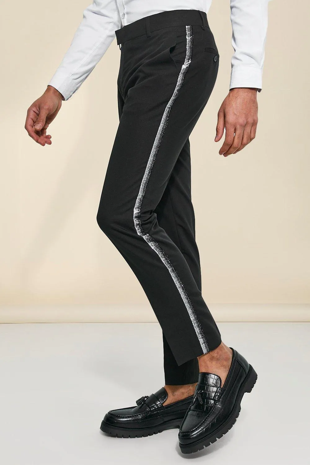 Skinny Glitter Tape Tailored Trouser | boohooMAN UK