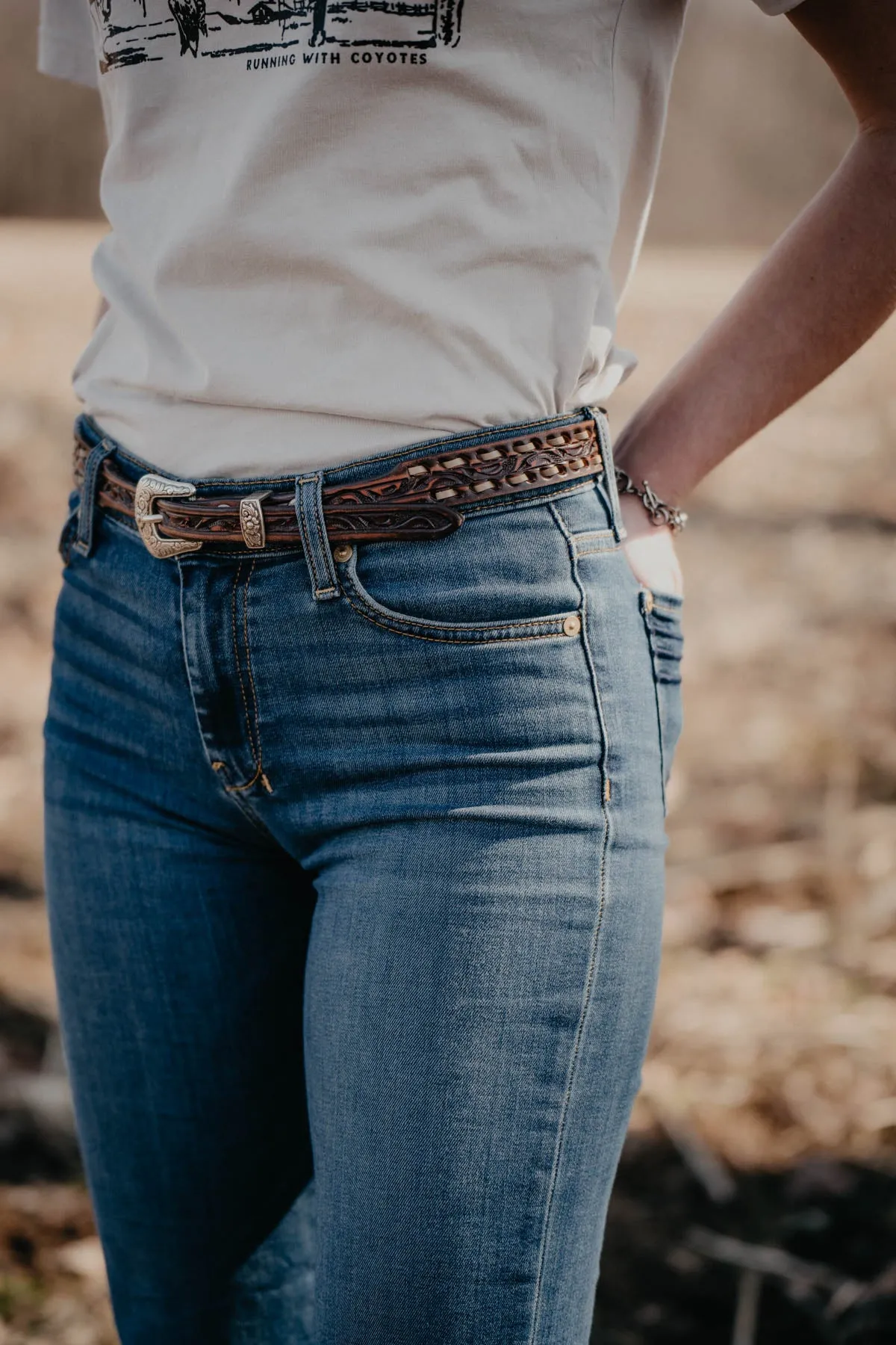 Skinny Vintage Brown Tooled Belt with Cream Buck Stitch by Double J Saddlery (1