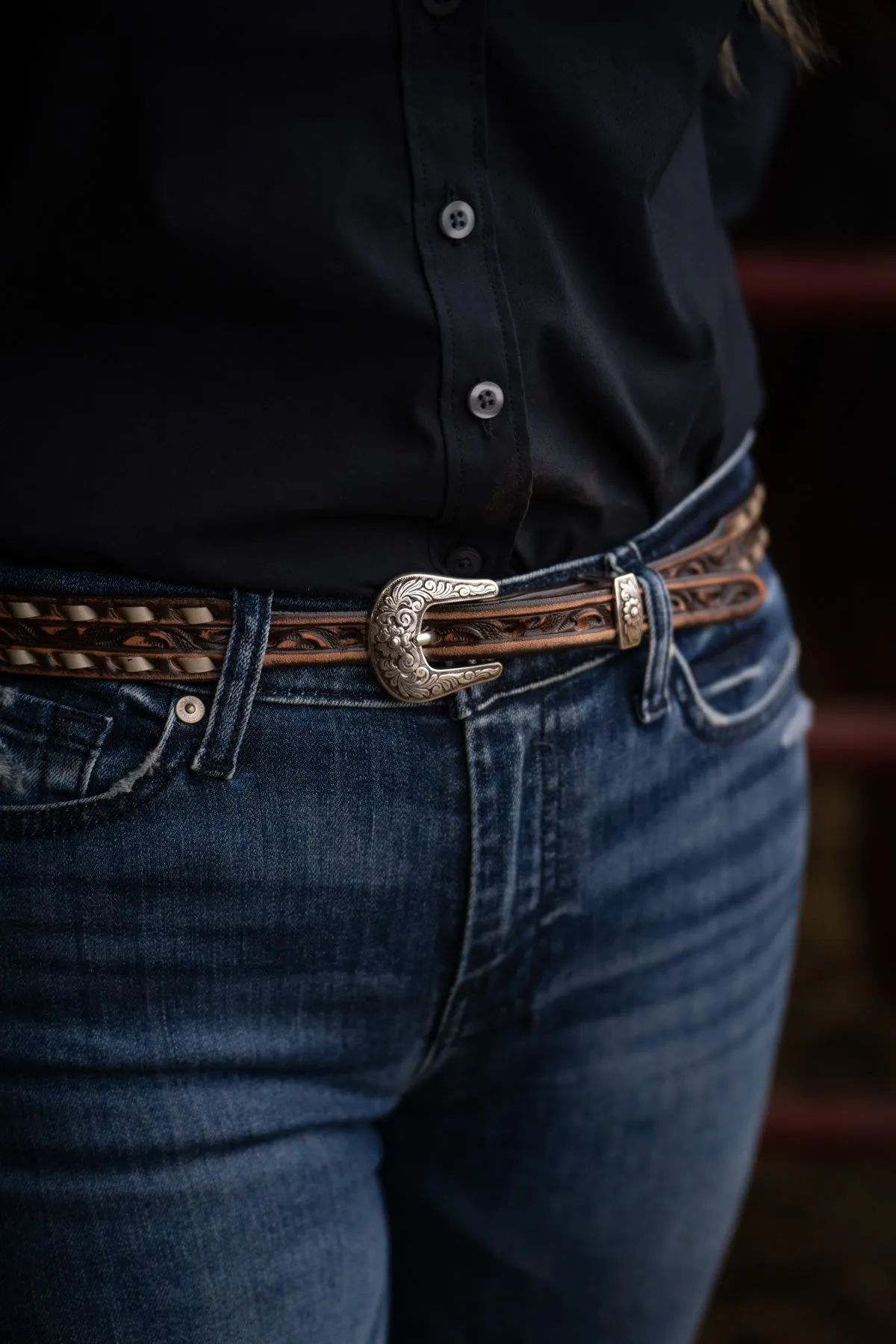 Skinny Vintage Brown Tooled Belt with Cream Buck Stitch by Double J Saddlery (1