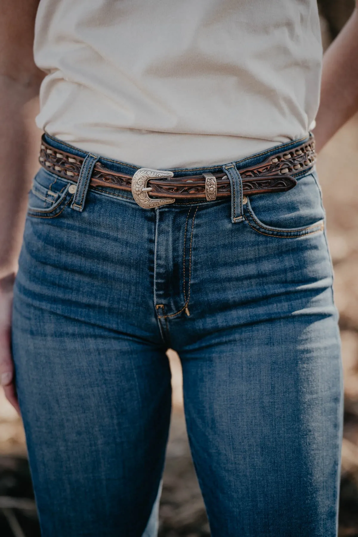 Skinny Vintage Brown Tooled Belt with Cream Buck Stitch by Double J Saddlery (1