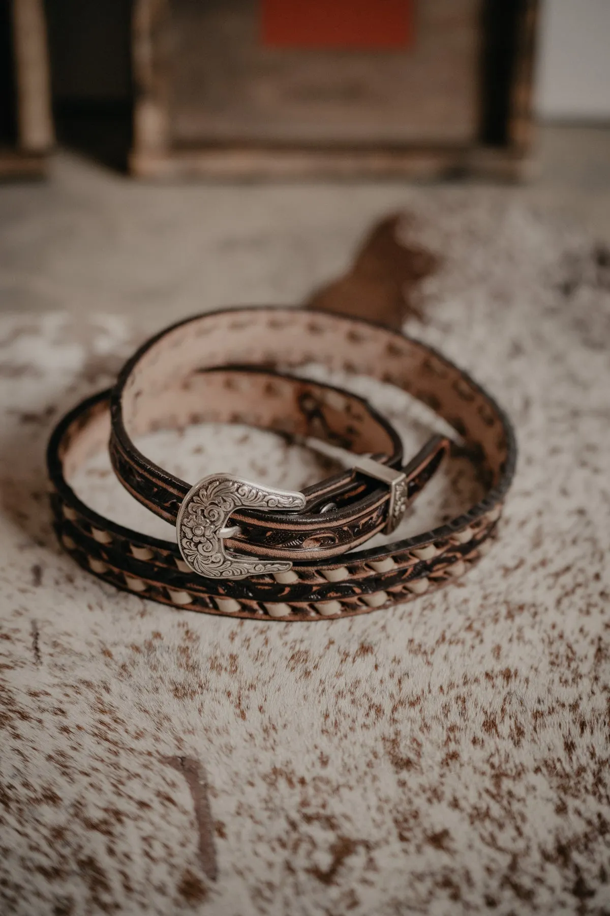 Skinny Vintage Brown Tooled Belt with Cream Buck Stitch by Double J Saddlery (1