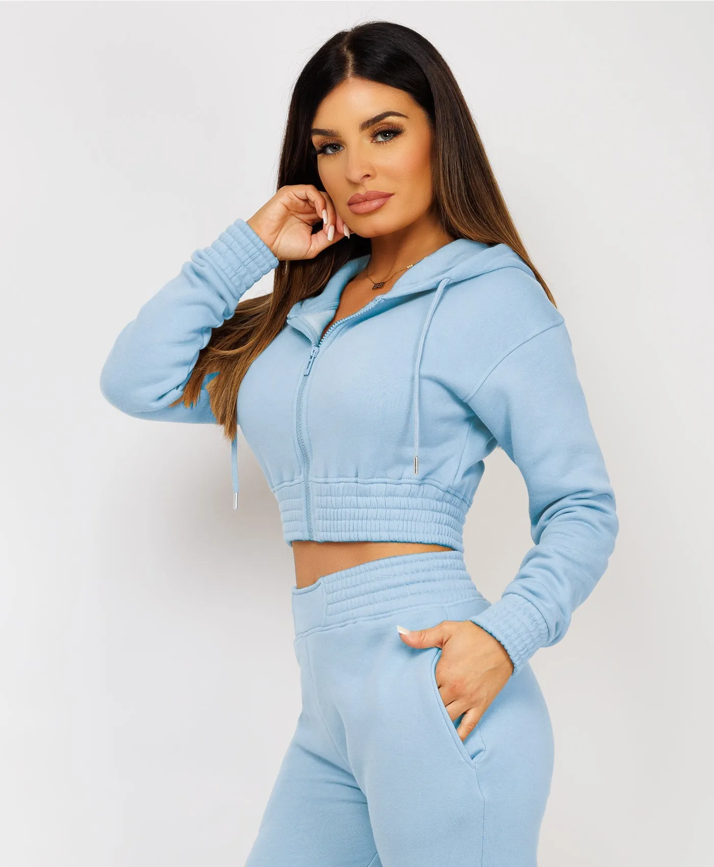 Sky Blue Zipped Cropped Hooded Tracksuit Loungewear Set