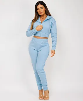 Sky Blue Zipped Cropped Hooded Tracksuit Loungewear Set