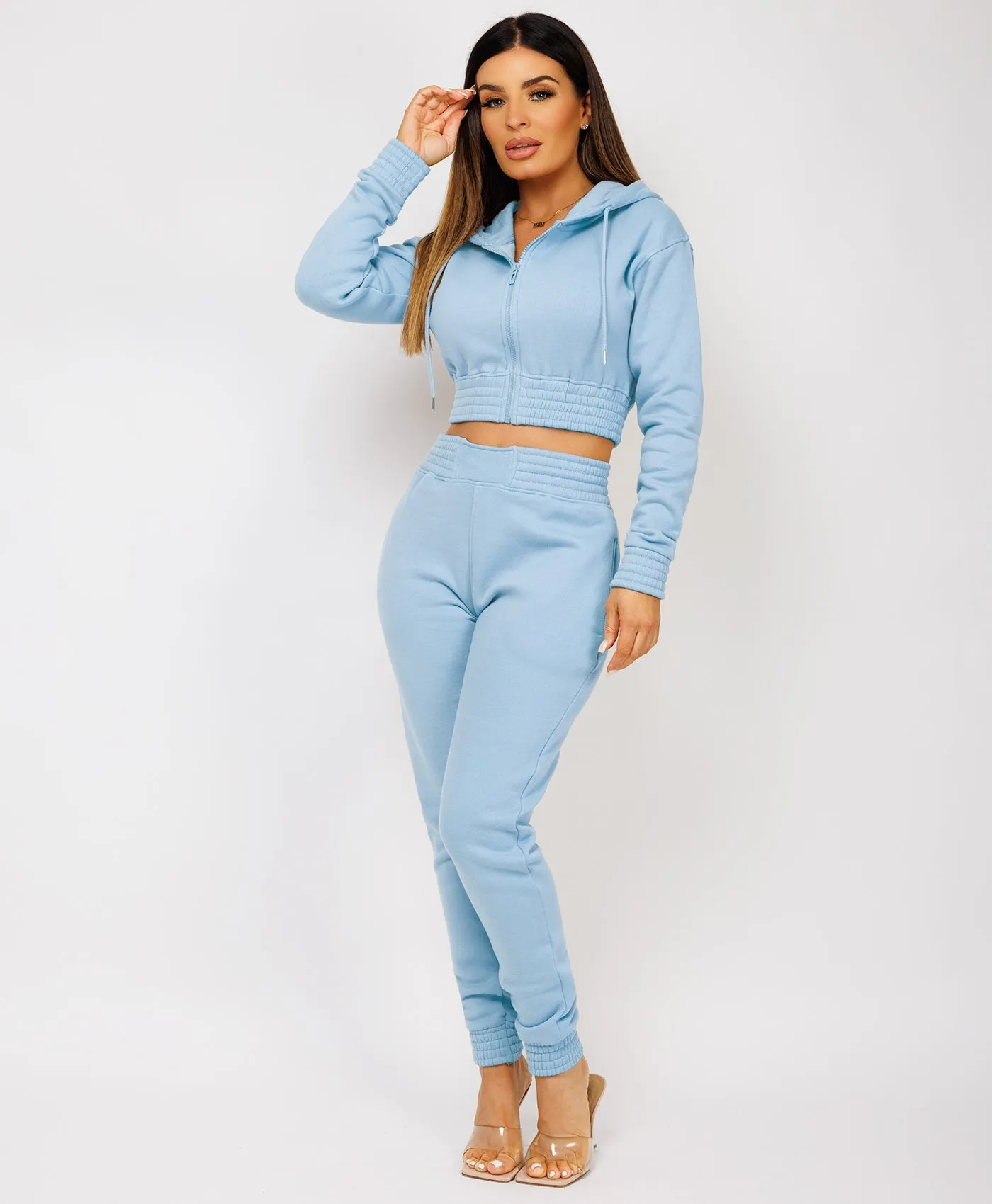 Sky Blue Zipped Cropped Hooded Tracksuit Loungewear Set