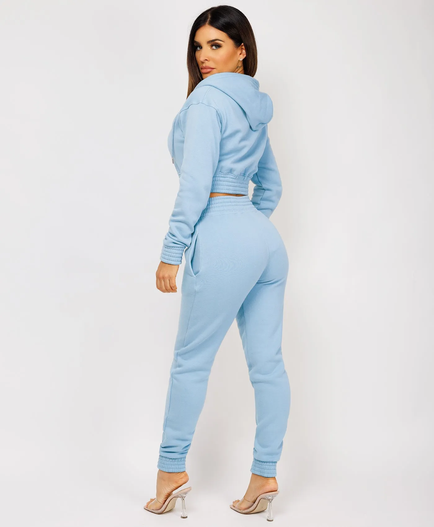 Sky Blue Zipped Cropped Hooded Tracksuit Loungewear Set