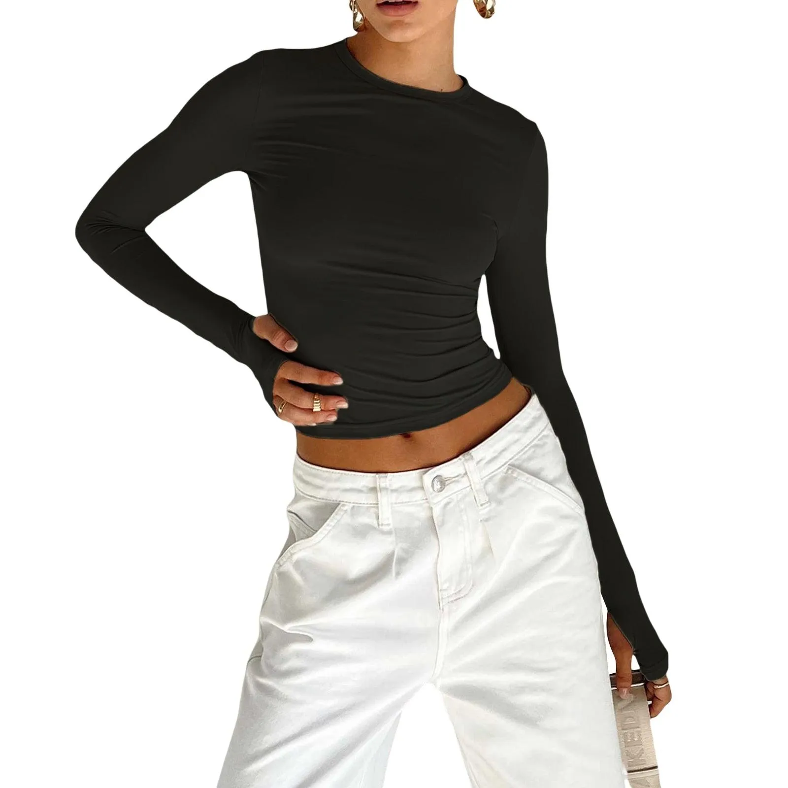 Slim Fit Long Sleeve Crop Top - Crew Neck with Thumb Holes and Solid Color