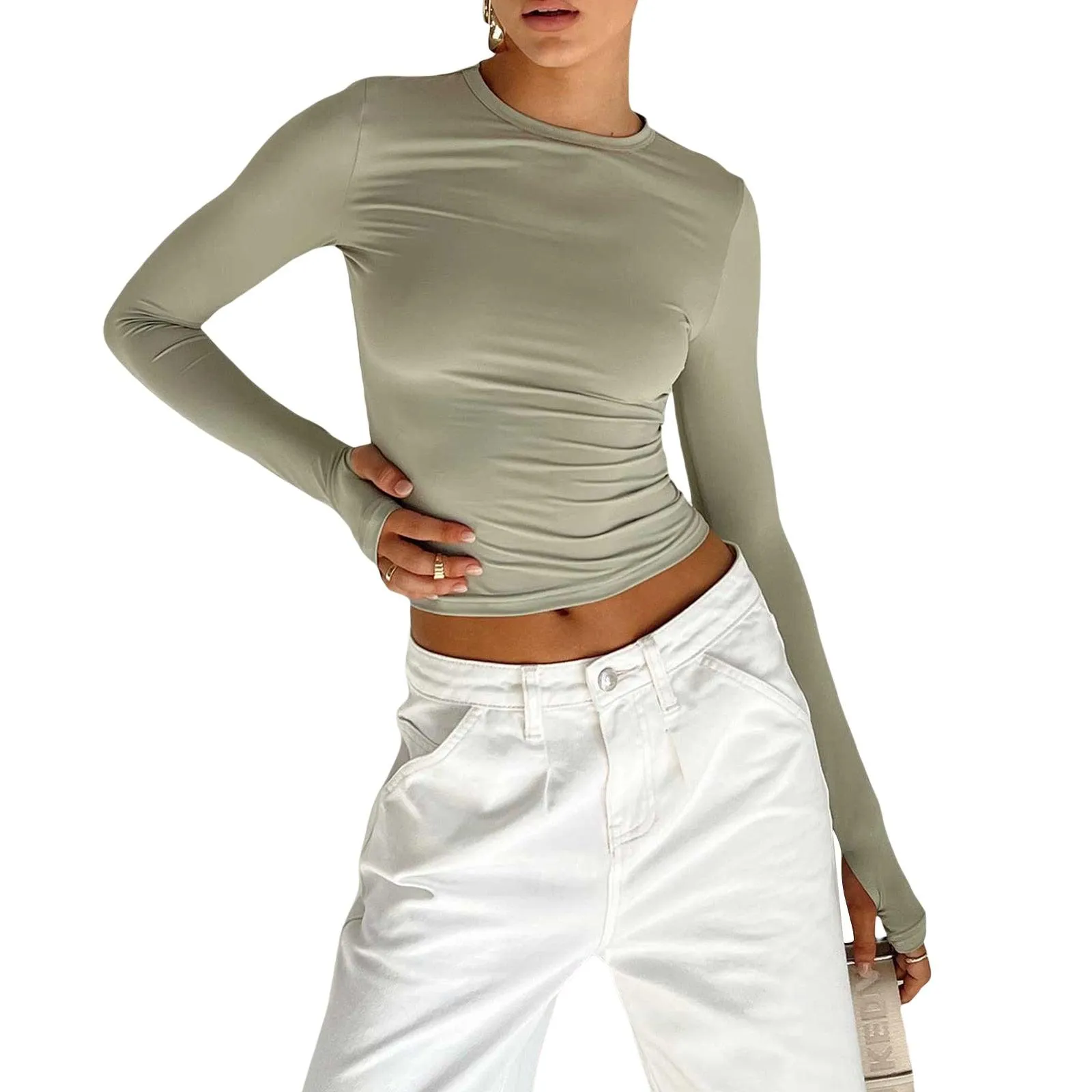 Slim Fit Long Sleeve Crop Top - Crew Neck with Thumb Holes and Solid Color